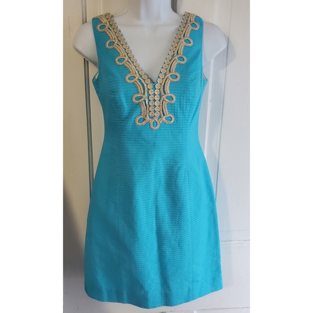Lilly Pulitzer Turquoise Sleeveless Shift Dress with Cream Embroidery